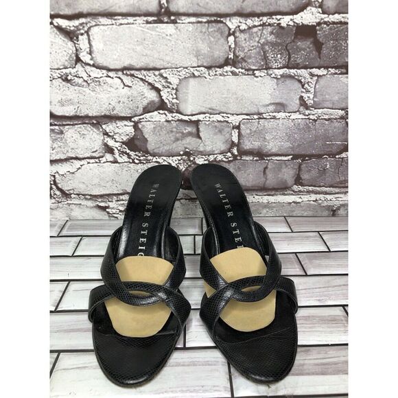 Walter Steiger Black Leather Python Print Heel Sandals Women’s Sz 8.5B US/39EU - Picture 4 of 16